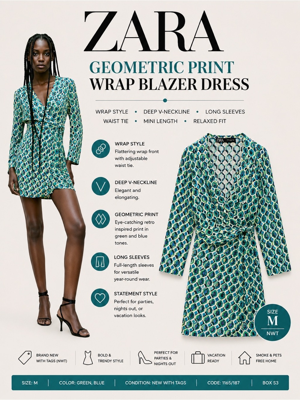 ZARA Geometric Print Wrap Blazer Dress NWT Size M Blue Green